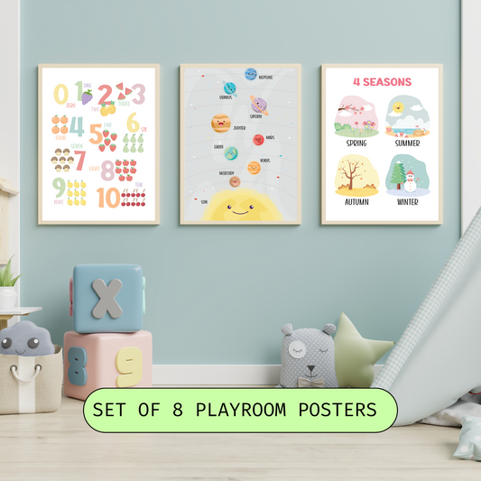 Set of 8 Montessori Educational Posters for Kids & Toddlers Playroom, Educational Wall Art, Classroom Printables