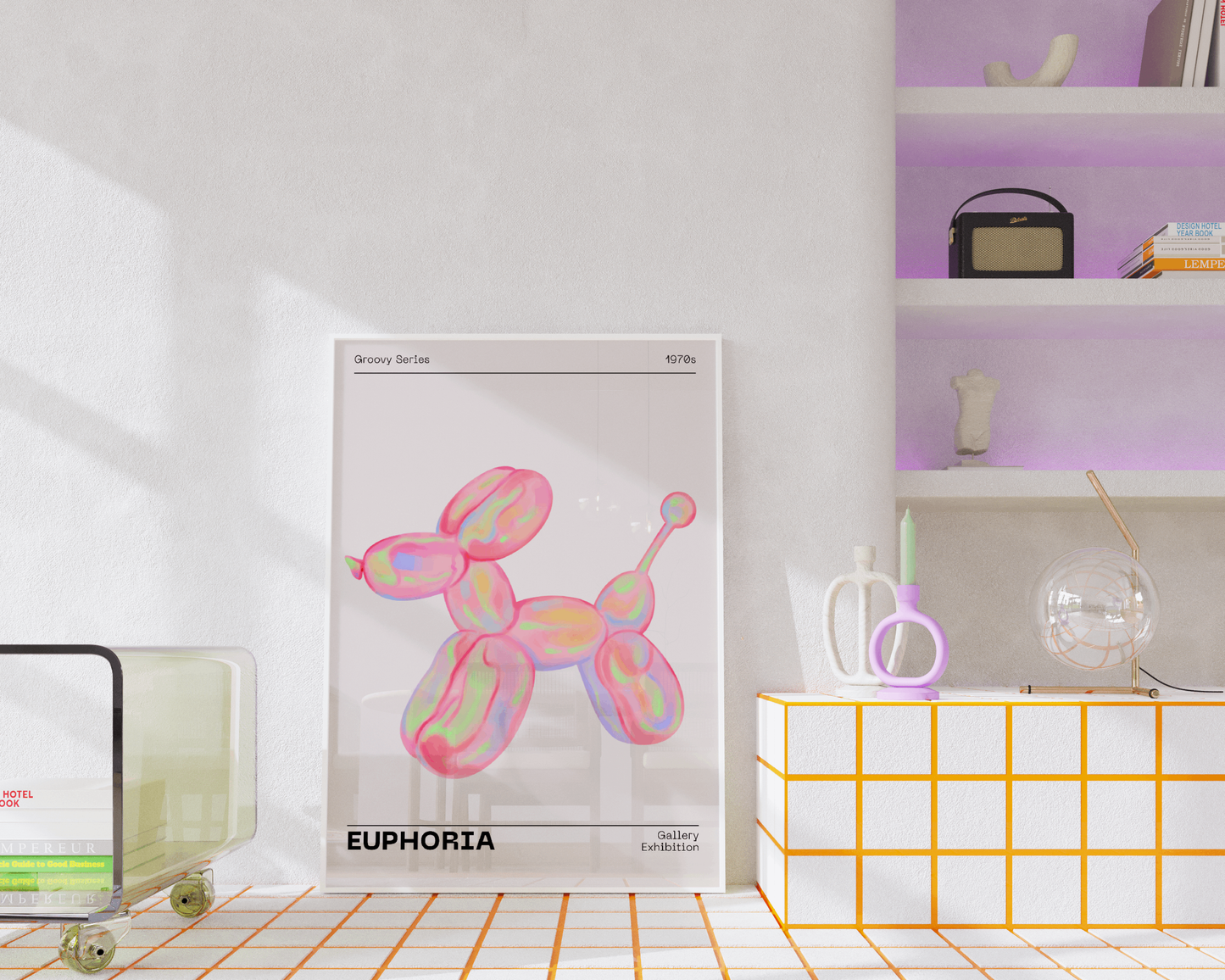70s Retro Euphoria Wall Art, Pastel Print, Holographic Dog Balloon Poster, Fun Playful Pink Illustration Art, Trendy Aesthetic Home Decor
