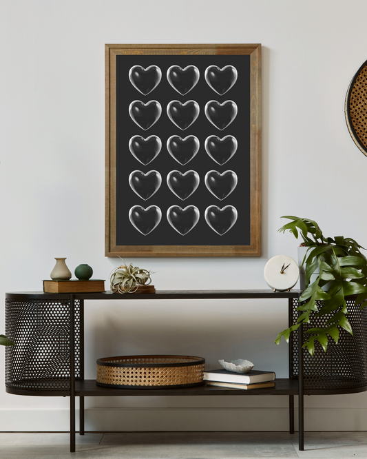 Heartfelt Contrast: Black Poster with Transparent Hearts – A Bold Minimalist Piece for Your Home
