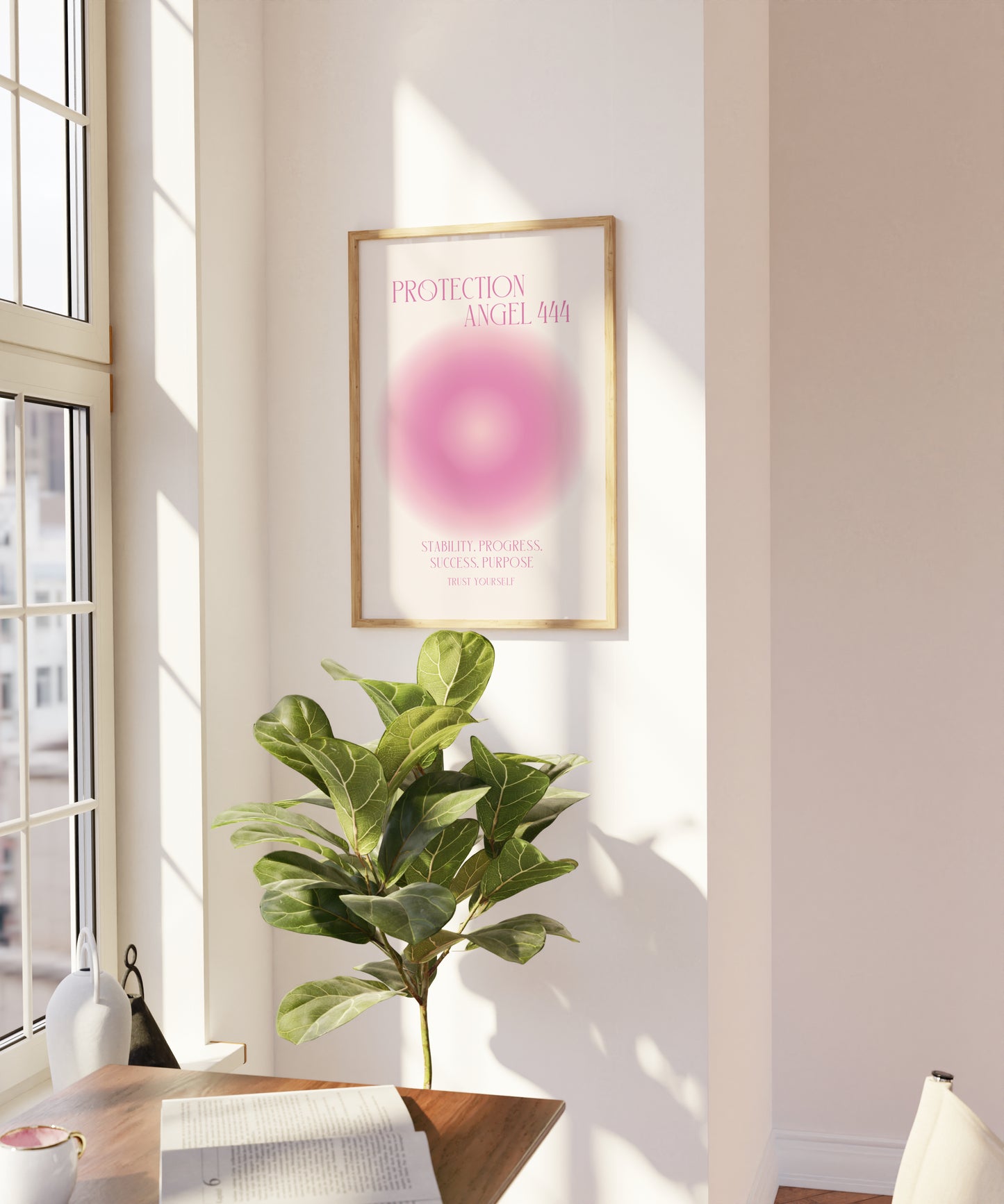 Angel Number 444 Wall Art, Trendy Pink Aura Gradient, Positive Energy Print, Daily Affirmation