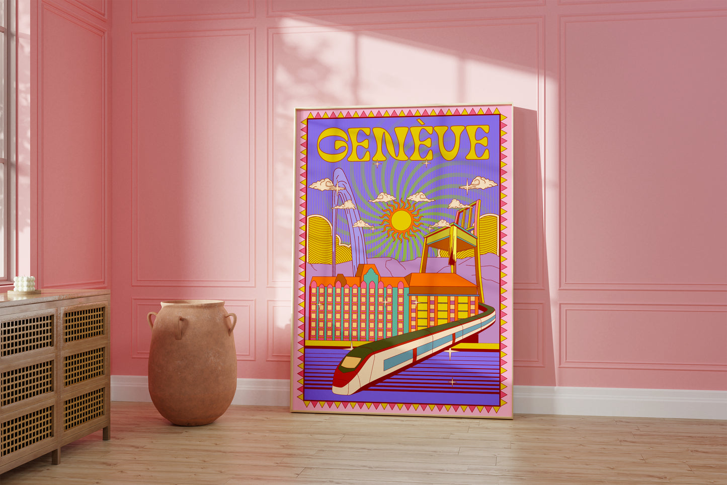Geneva Switzerland Wall Art, Swiss Travel Poster, Vibrant Retro Funky Aesthetic Style Print, Human Rights Story, Modern Unique Swiss Gift