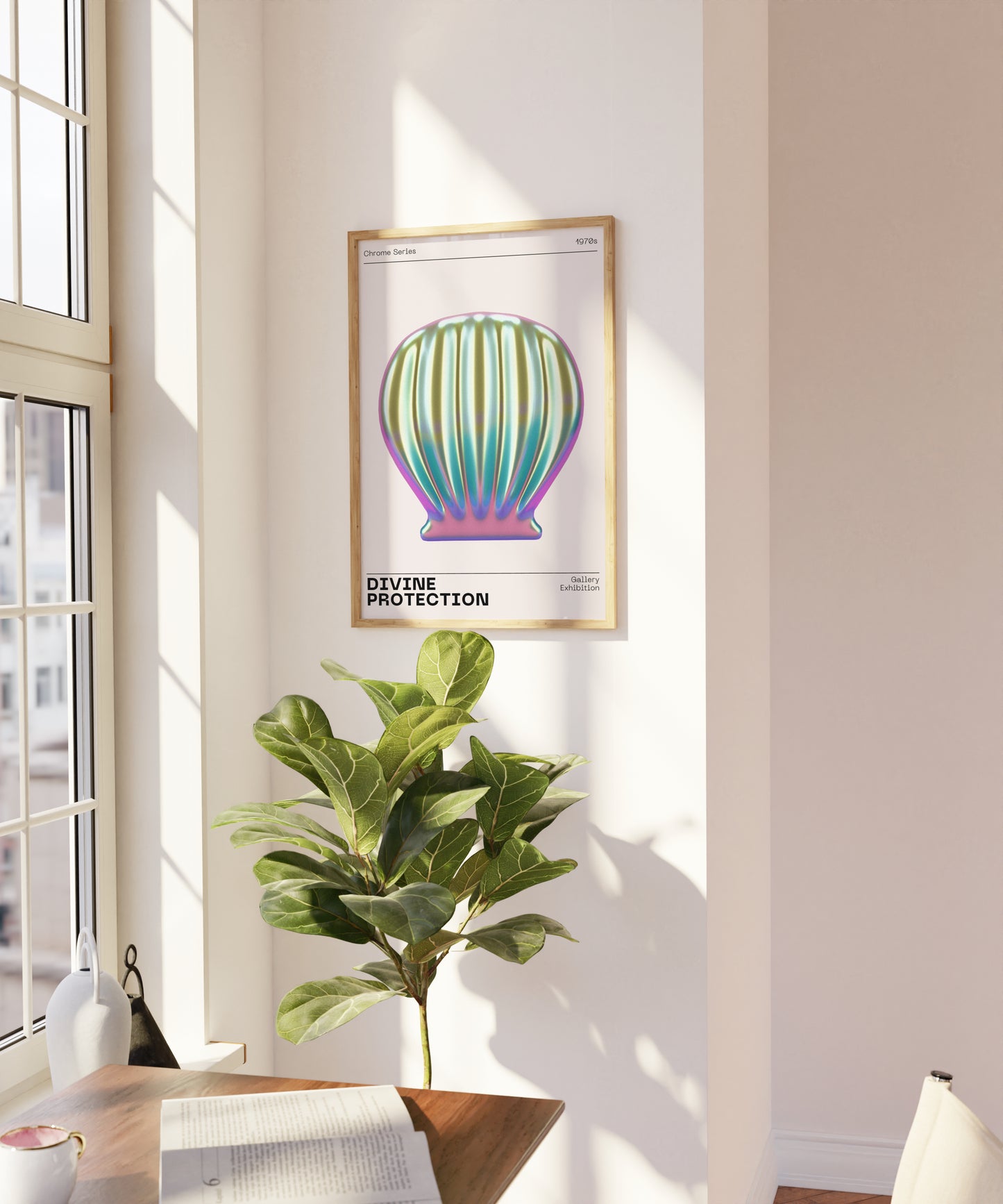 Metallic Sea Shell Wall Art, Vibrant Chrome Print, Modern Holographic Museum Poster, Unique Eclectic Home Decor, Futuristic Illustration