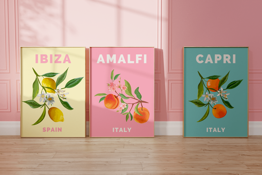 Fruit Market Gallery Wall Art Set of 3, Colorful Pastel Posters, Trendy Aesthetic Kitchen, Cottagecore Decor, Ibiza, Amalfi & Capri Prints