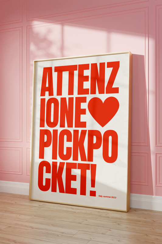 Attenzione Pickpocket Wall Art, Trendy Viral Quote Poster, Bold Red Typography, Funny Printable