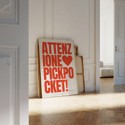 Attenzione Pickpocket Wall Art, Trendy Viral Quote Poster, Bold Red Typography, Funny Printable