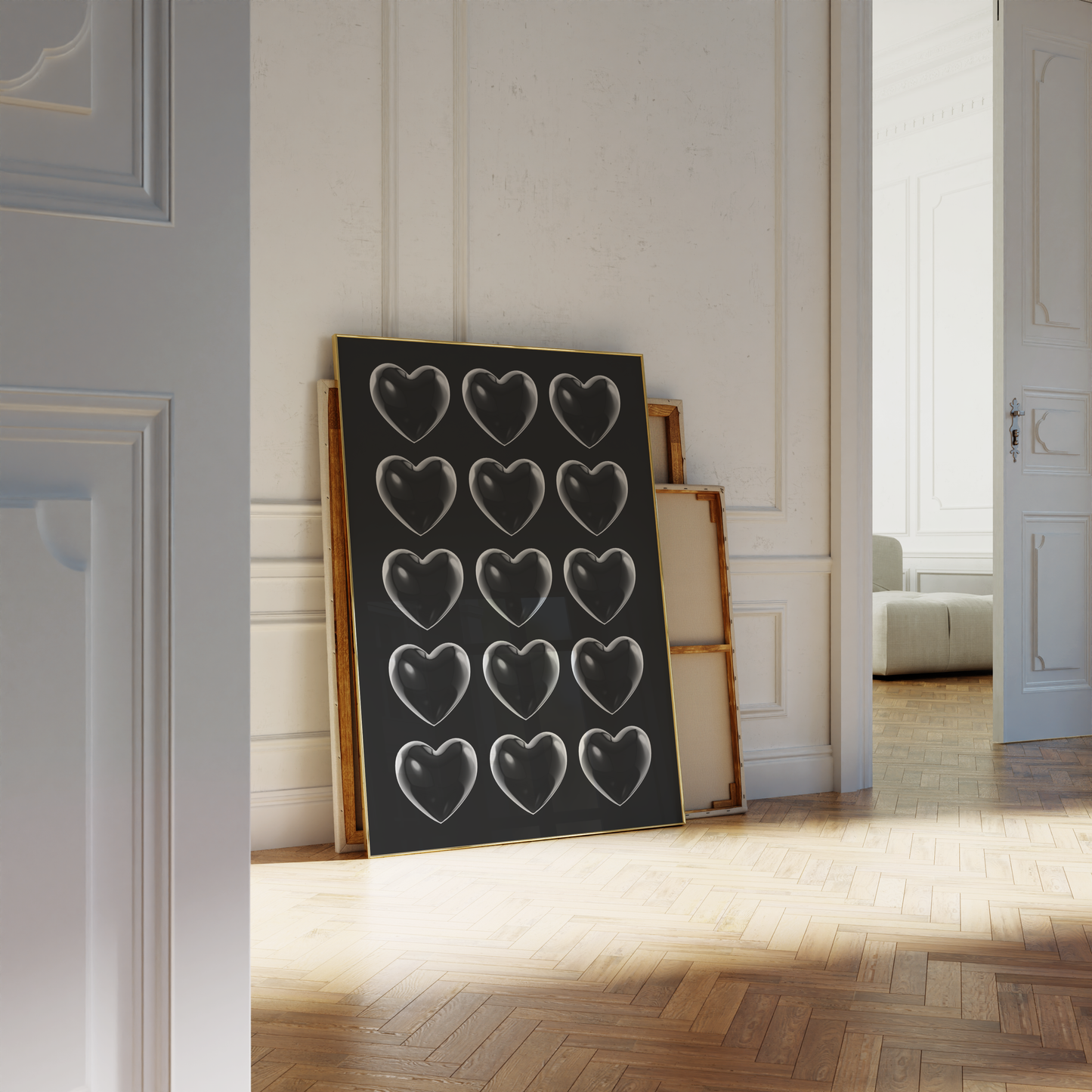 Heartfelt Contrast: Black Poster with Transparent Hearts – A Bold Minimalist Piece for Your Home