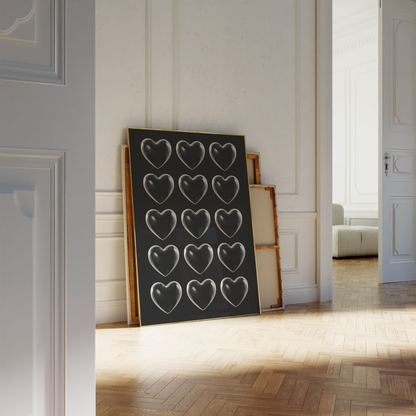 Heartfelt Contrast: Black Poster with Transparent Hearts – A Bold Minimalist Piece for Your Home