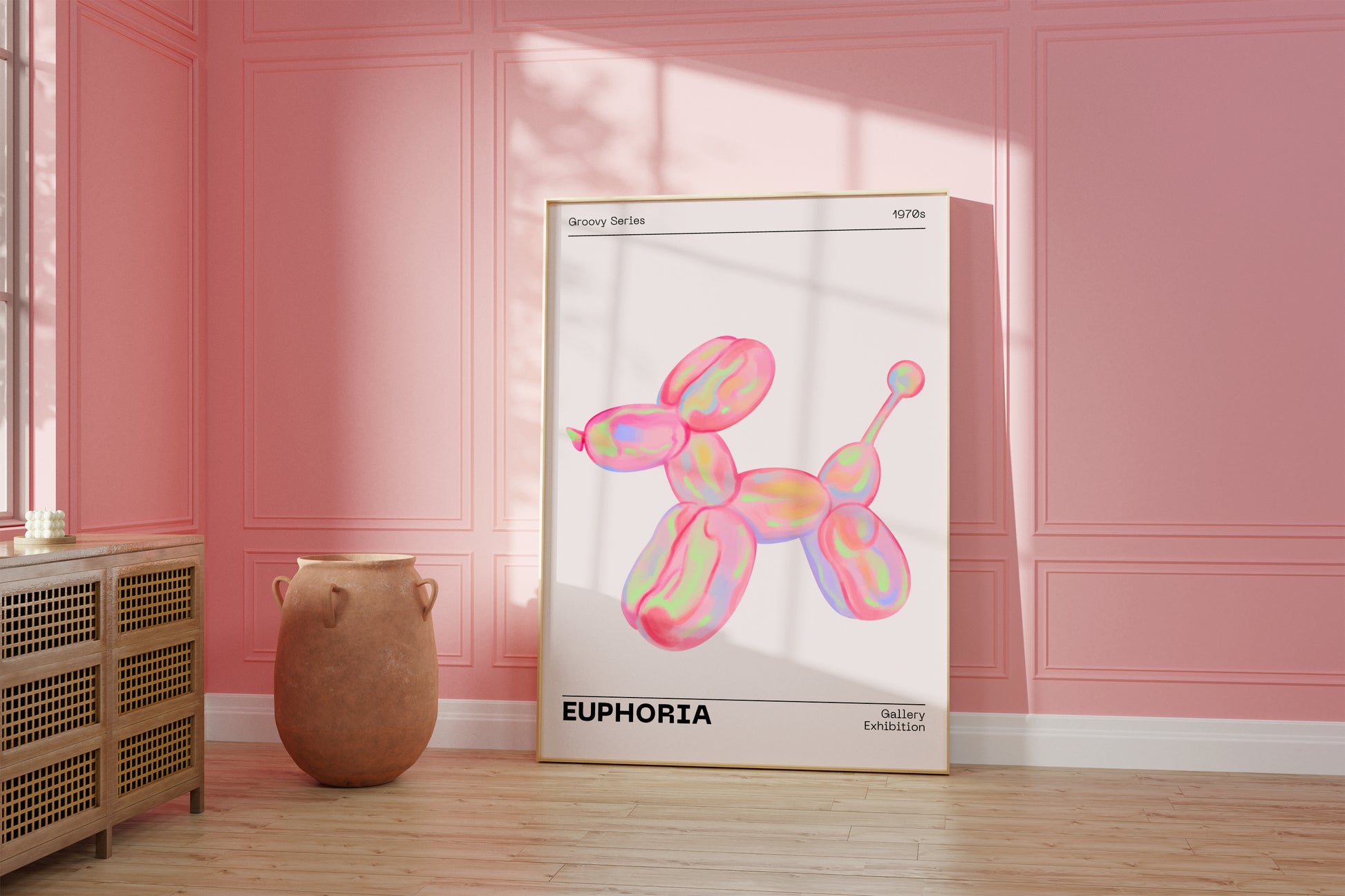70s Retro Euphoria Wall Art, Pastel Print, Holographic Dog Balloon Poster, Fun Playful Pink Illustration Art, Trendy Aesthetic Home Decor