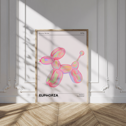 70s Retro Euphoria Wall Art, Pastel Print, Holographic Dog Balloon Poster, Fun Playful Pink Illustration Art, Trendy Aesthetic Home Decor