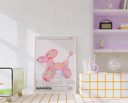 70s Retro Euphoria Wall Art, Pastel Print, Holographic Dog Balloon Poster, Fun Playful Pink Illustration Art, Trendy Aesthetic Home Decor