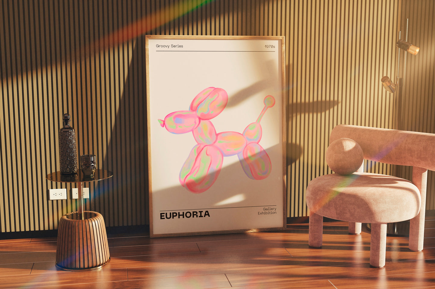 70s Retro Euphoria Wall Art, Pastel Print, Holographic Dog Balloon Poster, Fun Playful Pink Illustration Art, Trendy Aesthetic Home Decor