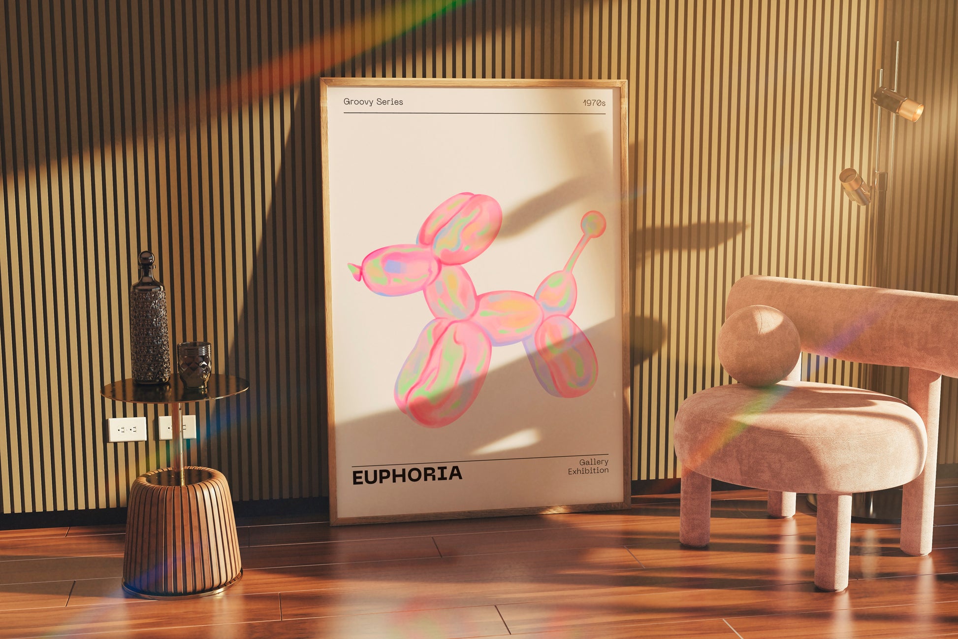 70s Retro Euphoria Wall Art, Pastel Print, Holographic Dog Balloon Poster, Fun Playful Pink Illustration Art, Trendy Aesthetic Home Decor