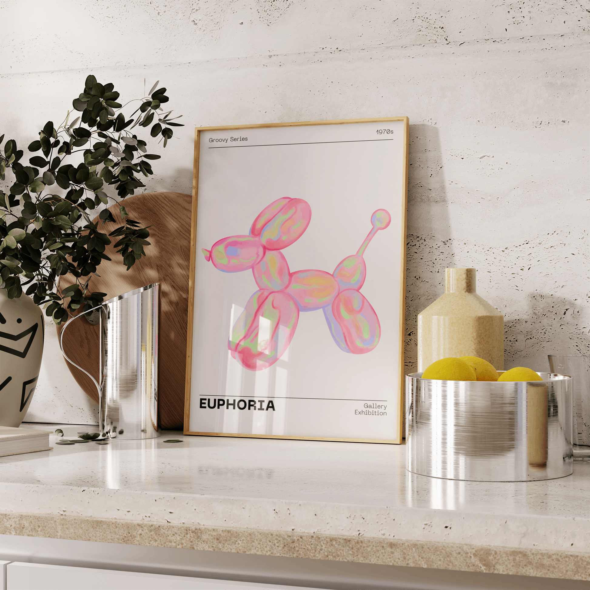 70s Retro Euphoria Wall Art, Pastel Print, Holographic Dog Balloon Poster, Fun Playful Pink Illustration Art, Trendy Aesthetic Home Decor