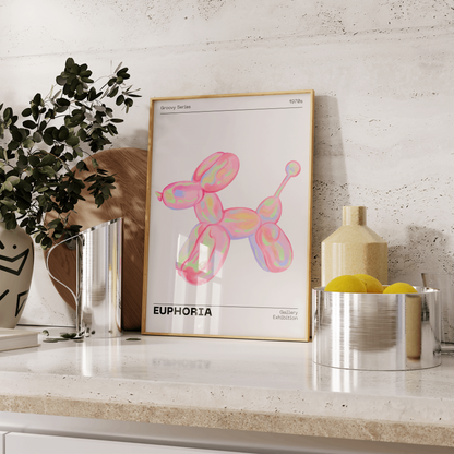 70s Retro Euphoria Wall Art, Pastel Print, Holographic Dog Balloon Poster, Fun Playful Pink Illustration Art, Trendy Aesthetic Home Decor
