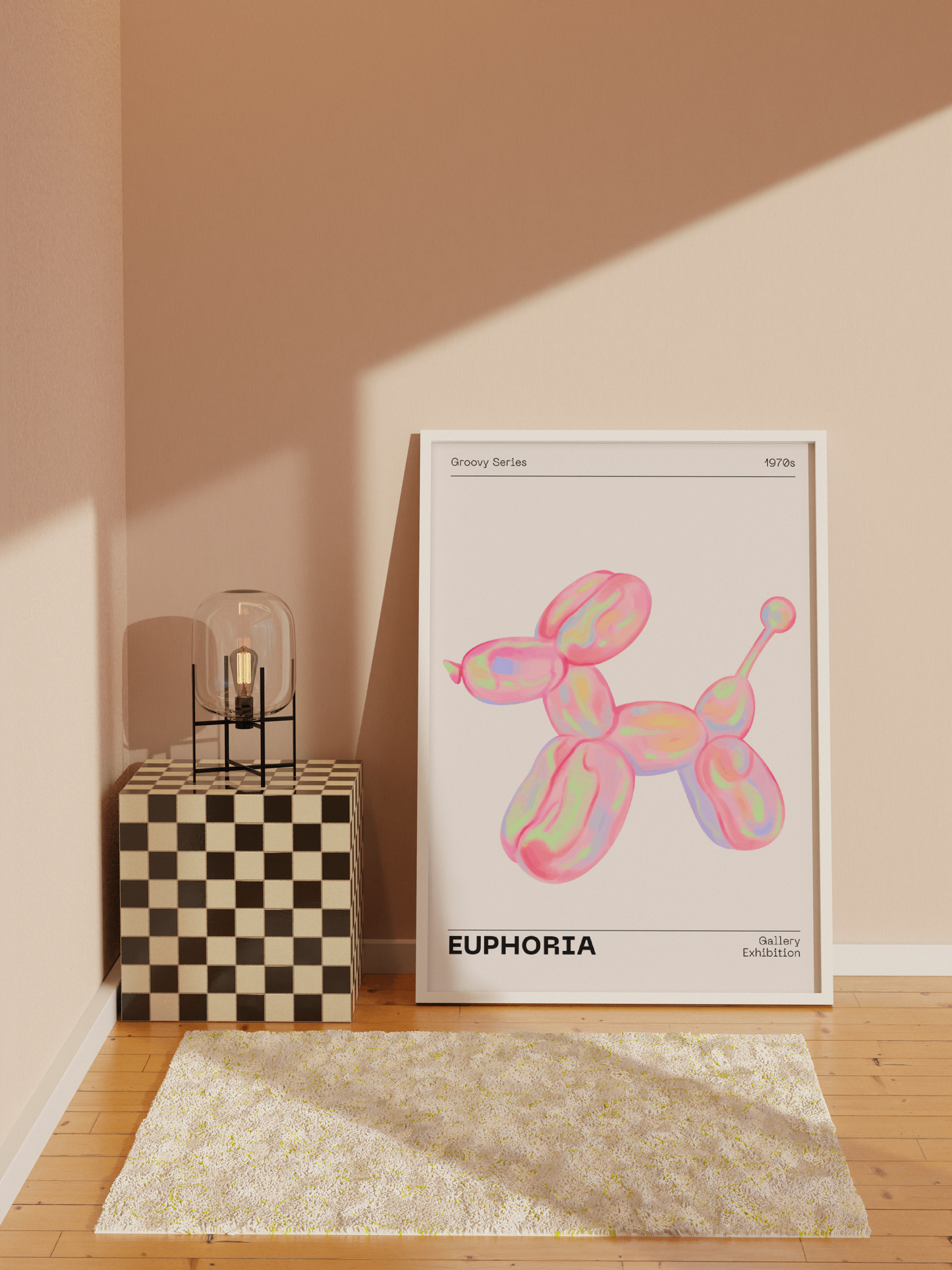 70s Retro Euphoria Wall Art, Pastel Print, Holographic Dog Balloon Poster, Fun Playful Pink Illustration Art, Trendy Aesthetic Home Decor