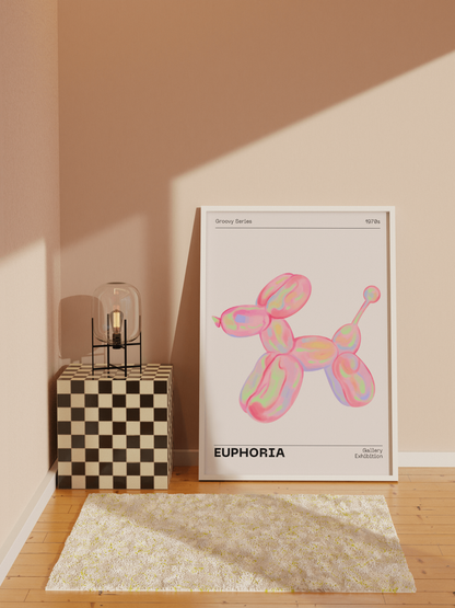 70s Retro Euphoria Wall Art, Pastel Print, Holographic Dog Balloon Poster, Fun Playful Pink Illustration Art, Trendy Aesthetic Home Decor