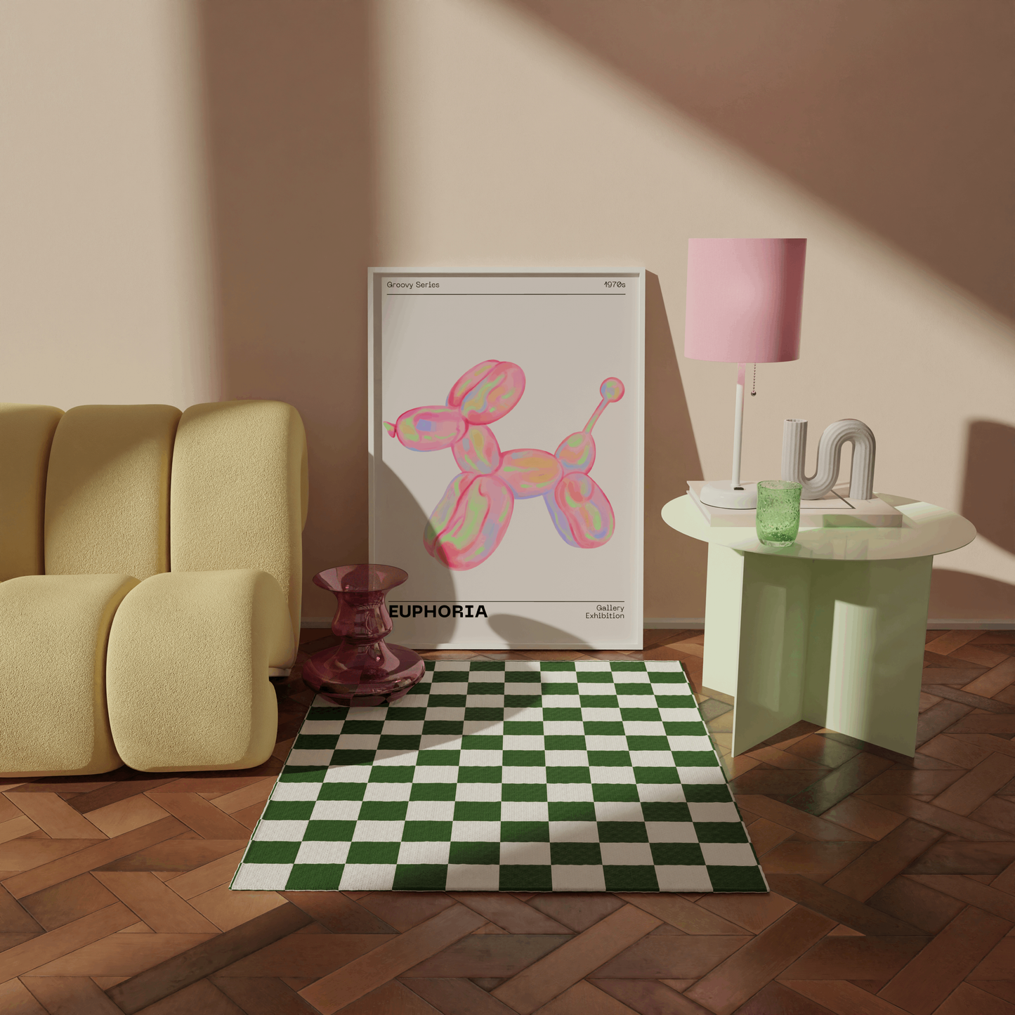 70s Retro Euphoria Wall Art, Pastel Print, Holographic Dog Balloon Poster, Fun Playful Pink Illustration Art, Trendy Aesthetic Home Decor