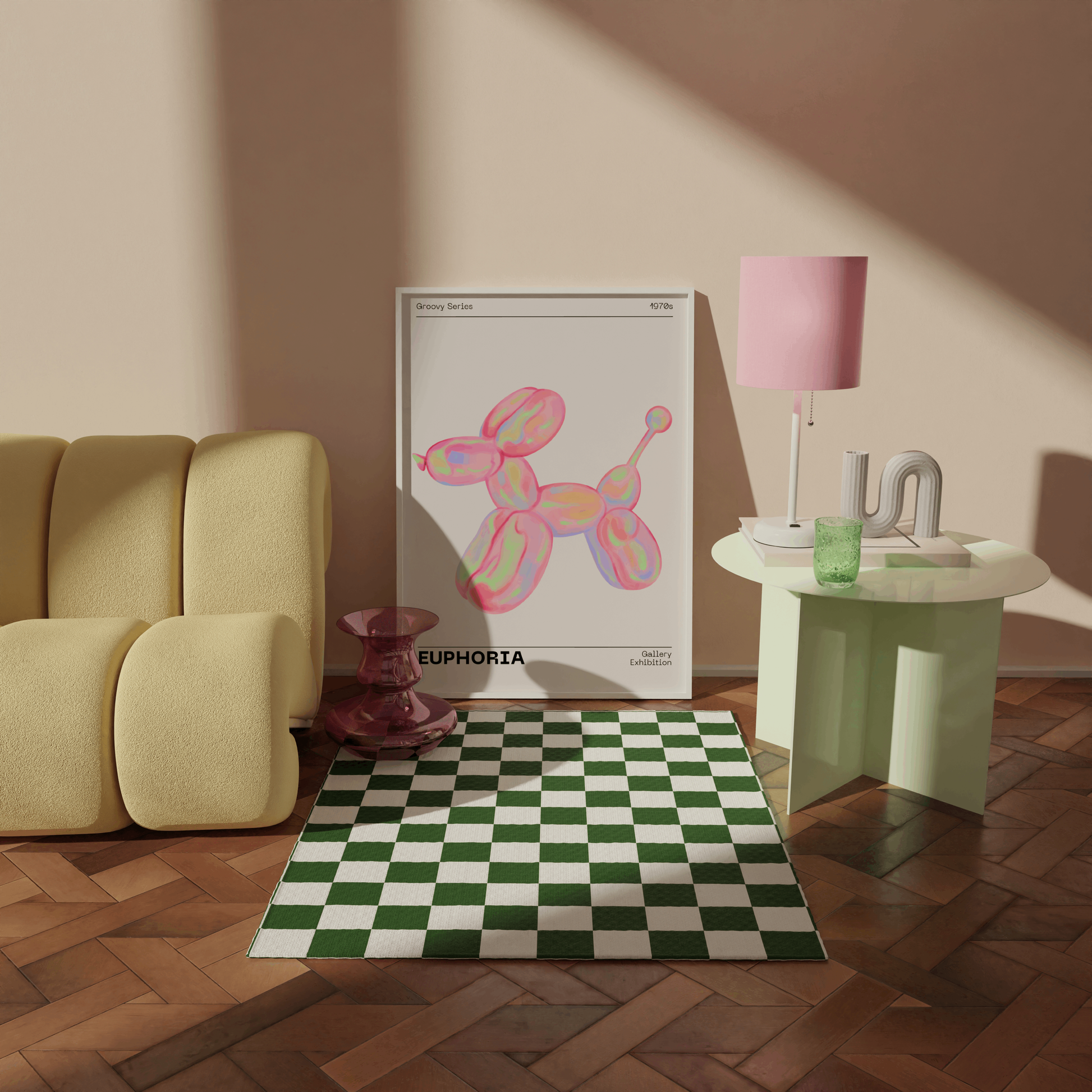 70s Retro Euphoria Wall Art, Pastel Print, Holographic Dog Balloon Poster, Fun Playful Pink Illustration Art, Trendy Aesthetic Home Decor