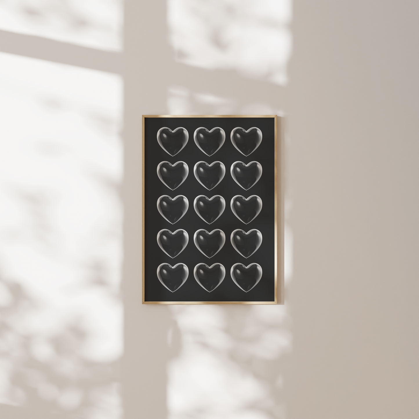 Heartfelt Contrast: Black Poster with Transparent Hearts – A Bold Minimalist Piece for Your Home