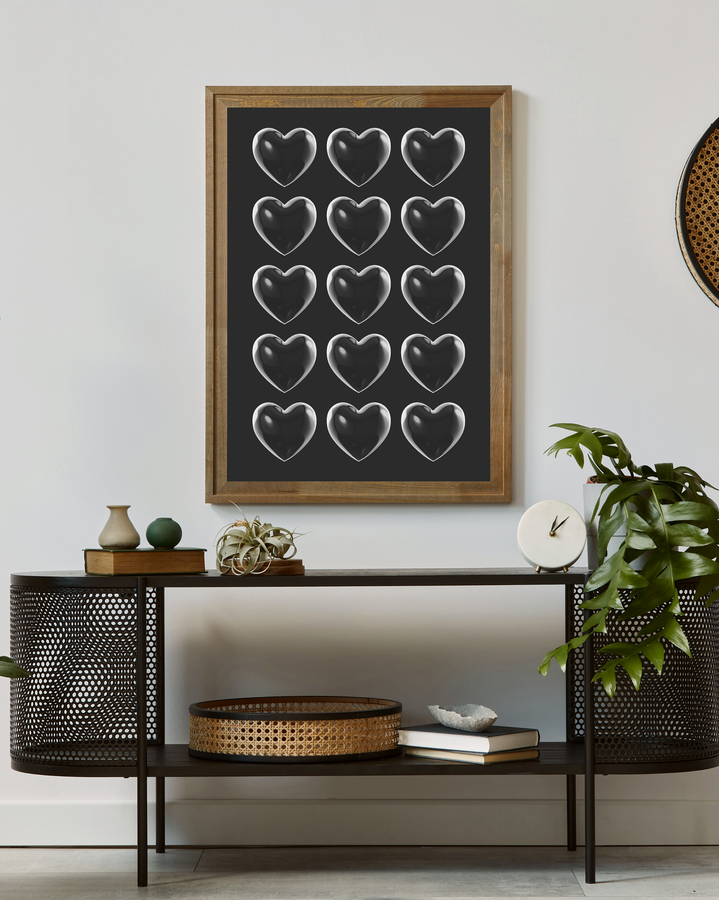Heartfelt Contrast: Black Poster with Transparent Hearts – A Bold Minimalist Piece for Your Home