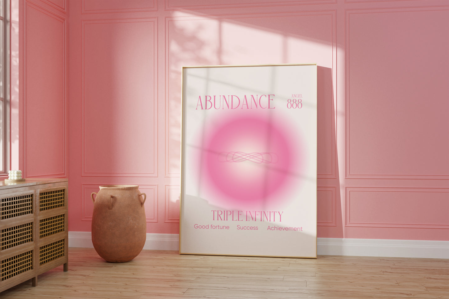Angel Number 888 Wall Art, Trendy Pink Aura Gradient, Triple Infinity Poster, Aesthetic Decor, Spiritual Abundance Aura Print