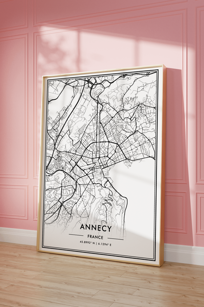 Annecy France City Map Wall Art, Minimalistic Black and White Poster, Contemporary Home Decor