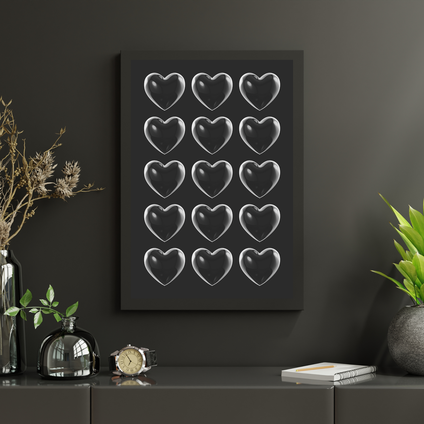 Heartfelt Contrast: Black Poster with Transparent Hearts – A Bold Minimalist Piece for Your Home