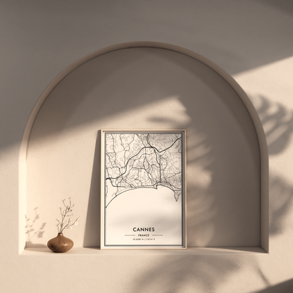 Cannes France City Map Wall Art, Mediterranean Coast Travel Print, Contemporary Black & White Poster, French Riviera Art, Modern Home Decor