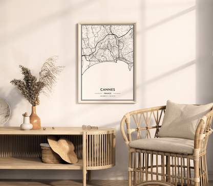 Cannes France City Map Wall Art, Mediterranean Coast Travel Print, Contemporary Black & White Poster, French Riviera Art, Modern Home Decor