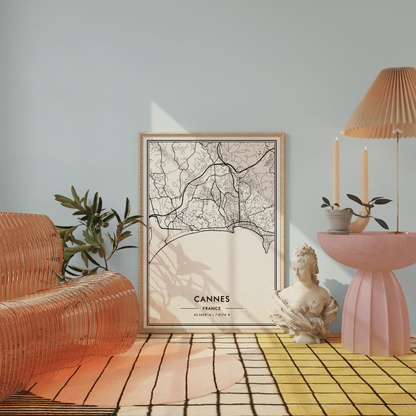 Cannes France City Map Wall Art, Mediterranean Coast Travel Print, Contemporary Black & White Poster, French Riviera Art, Modern Home Decor