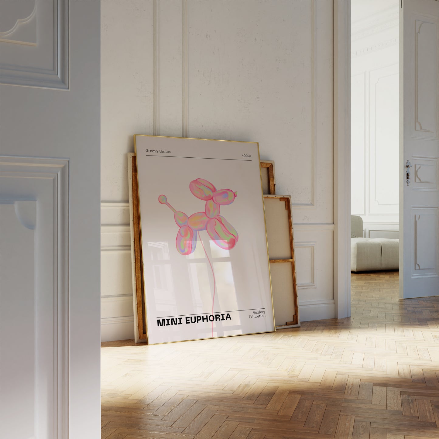 Mini Dog Balloon Print, 70s Retro Euphoria Wall Art, Danish Pastel Pink Holographic Poster, Fun Playful Illustration