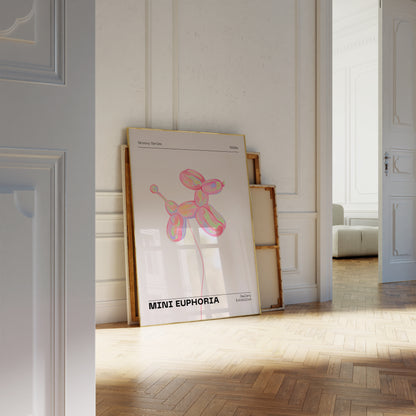 Mini Dog Balloon Print, 70s Retro Euphoria Wall Art, Danish Pastel Pink Holographic Poster, Fun Playful Illustration