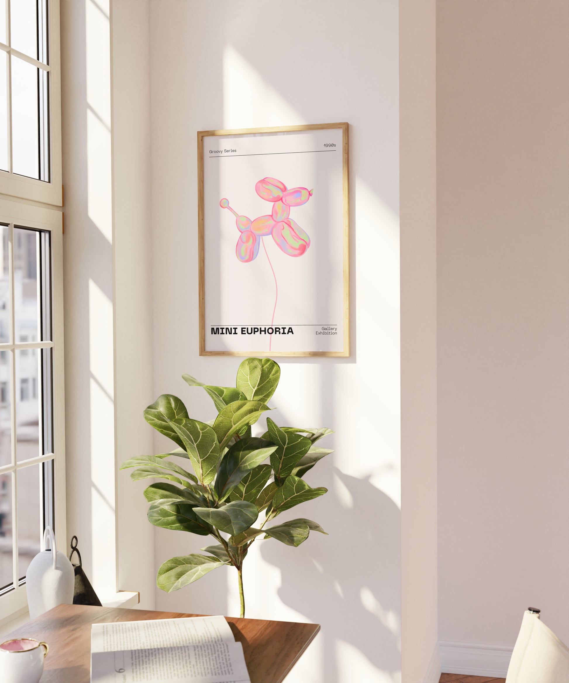 Mini Dog Balloon Print, 70s Retro Euphoria Wall Art, Danish Pastel Pink Holographic Poster, Fun Playful Illustration, Trendy Aesthetic Decor