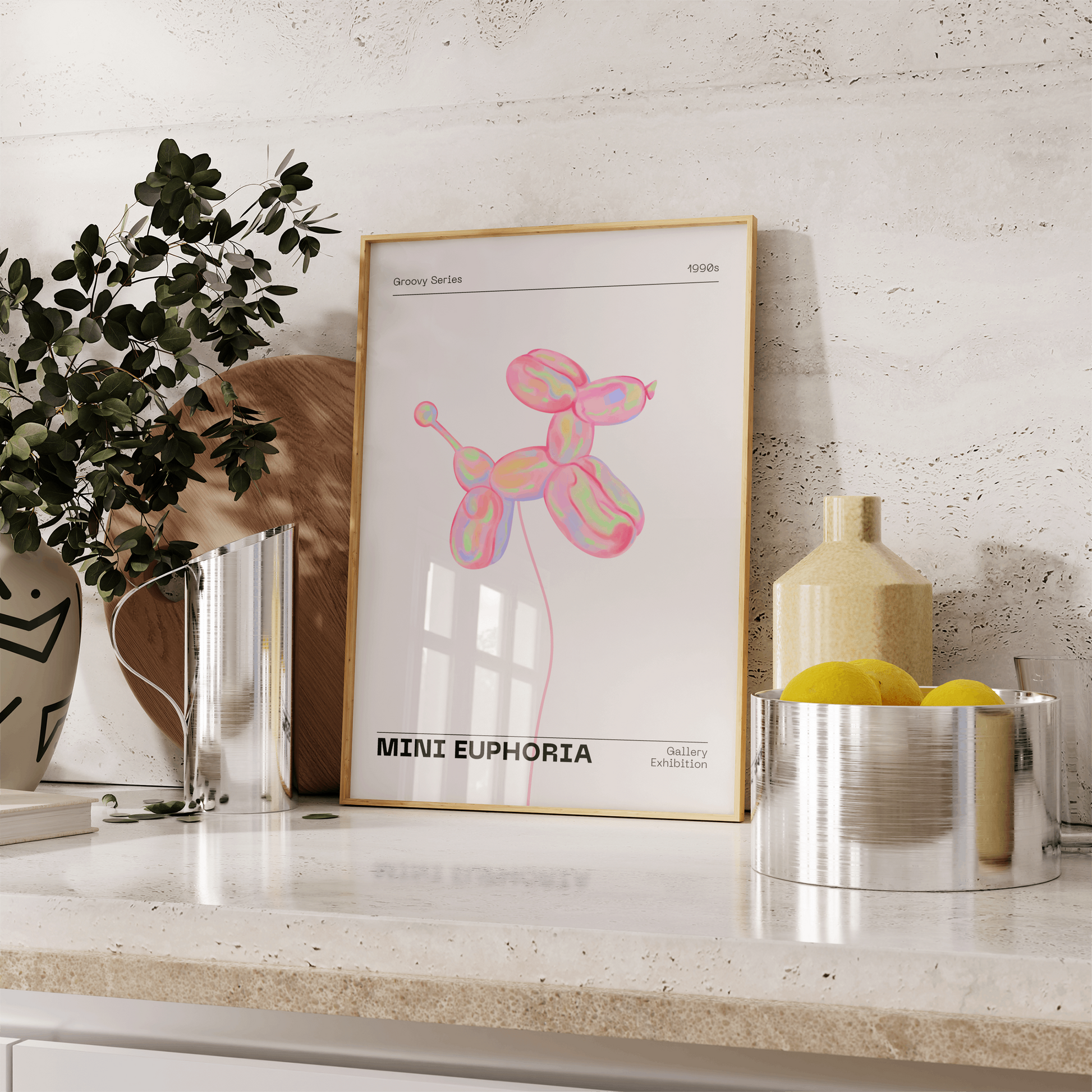 Mini Dog Balloon Print, 70s Retro Euphoria Wall Art, Danish Pastel Pink Holographic Poster, Fun Playful Illustration, Trendy Aesthetic Decor