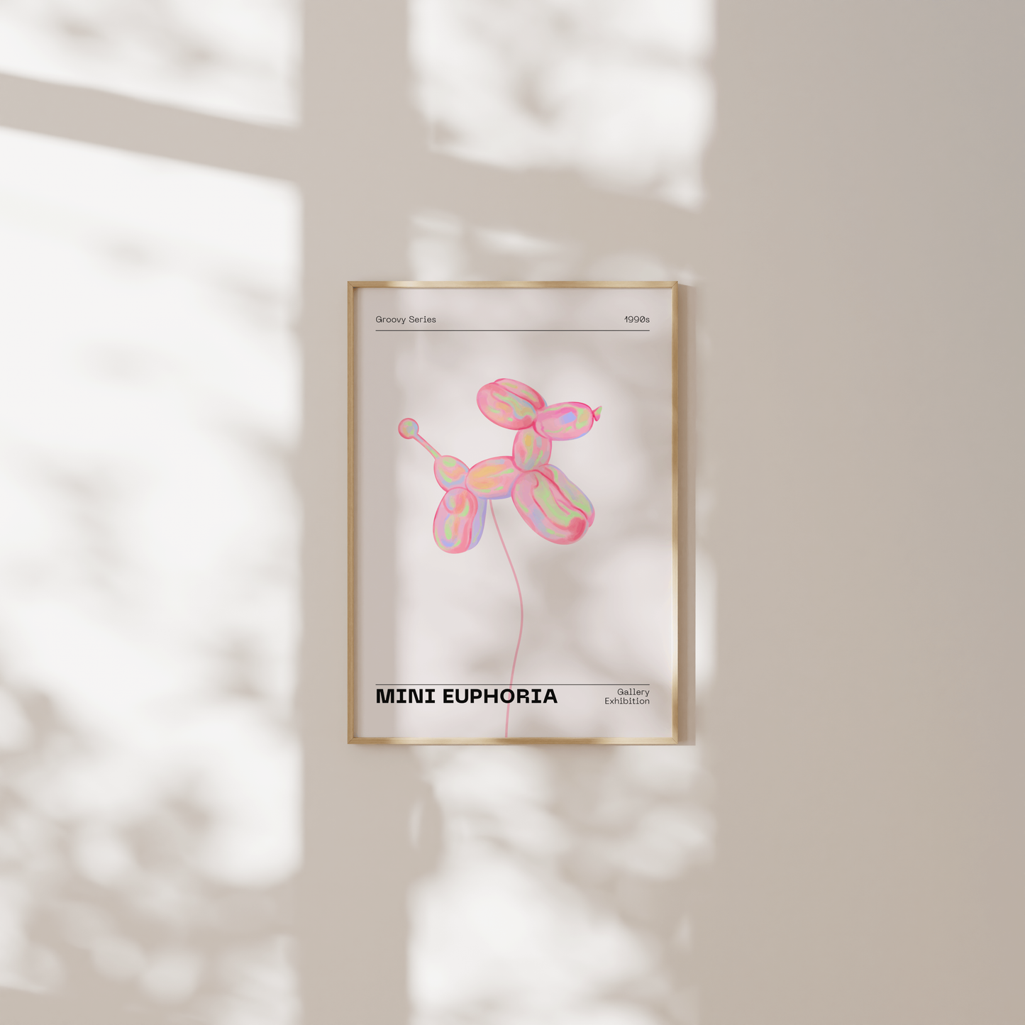 Mini Dog Balloon Print, 70s Retro Euphoria Wall Art, Danish Pastel Pink Holographic Poster, Fun Playful Illustration, Trendy Aesthetic Decor