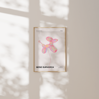 Mini Dog Balloon Print, 70s Retro Euphoria Wall Art, Danish Pastel Pink Holographic Poster, Fun Playful Illustration, Trendy Aesthetic Decor