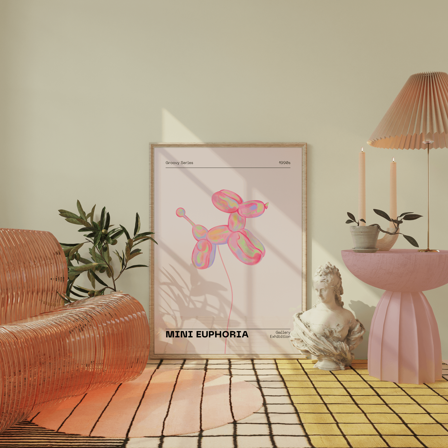 Mini Dog Balloon Print, 70s Retro Euphoria Wall Art, Danish Pastel Pink Holographic Poster, Fun Playful Illustration, Trendy Aesthetic Decor
