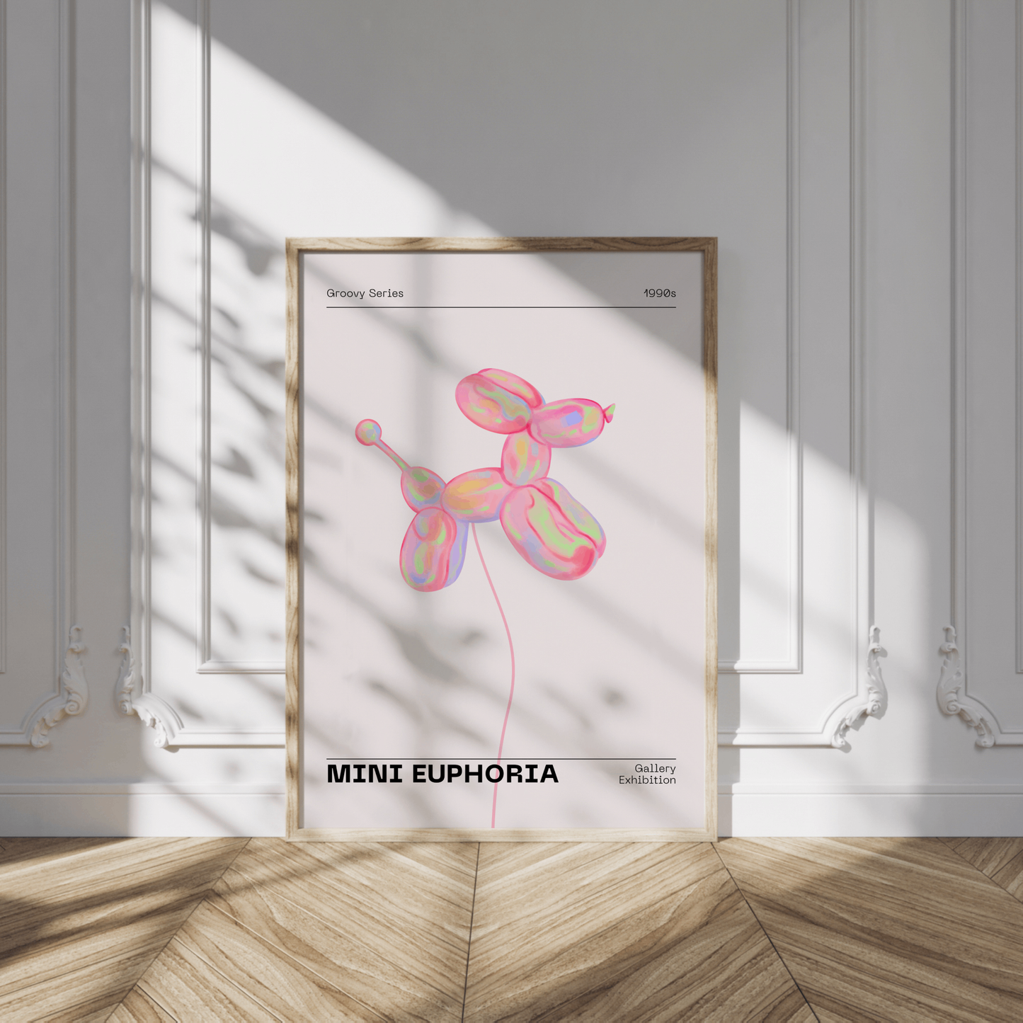 Mini Dog Balloon Print, 70s Retro Euphoria Wall Art, Danish Pastel Pink Holographic Poster, Fun Playful Illustration, Trendy Aesthetic Decor