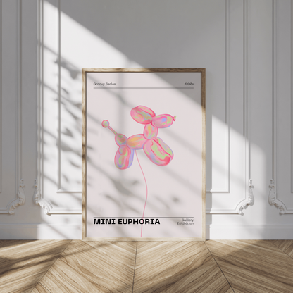 Mini Dog Balloon Print, 70s Retro Euphoria Wall Art, Danish Pastel Pink Holographic Poster, Fun Playful Illustration, Trendy Aesthetic Decor