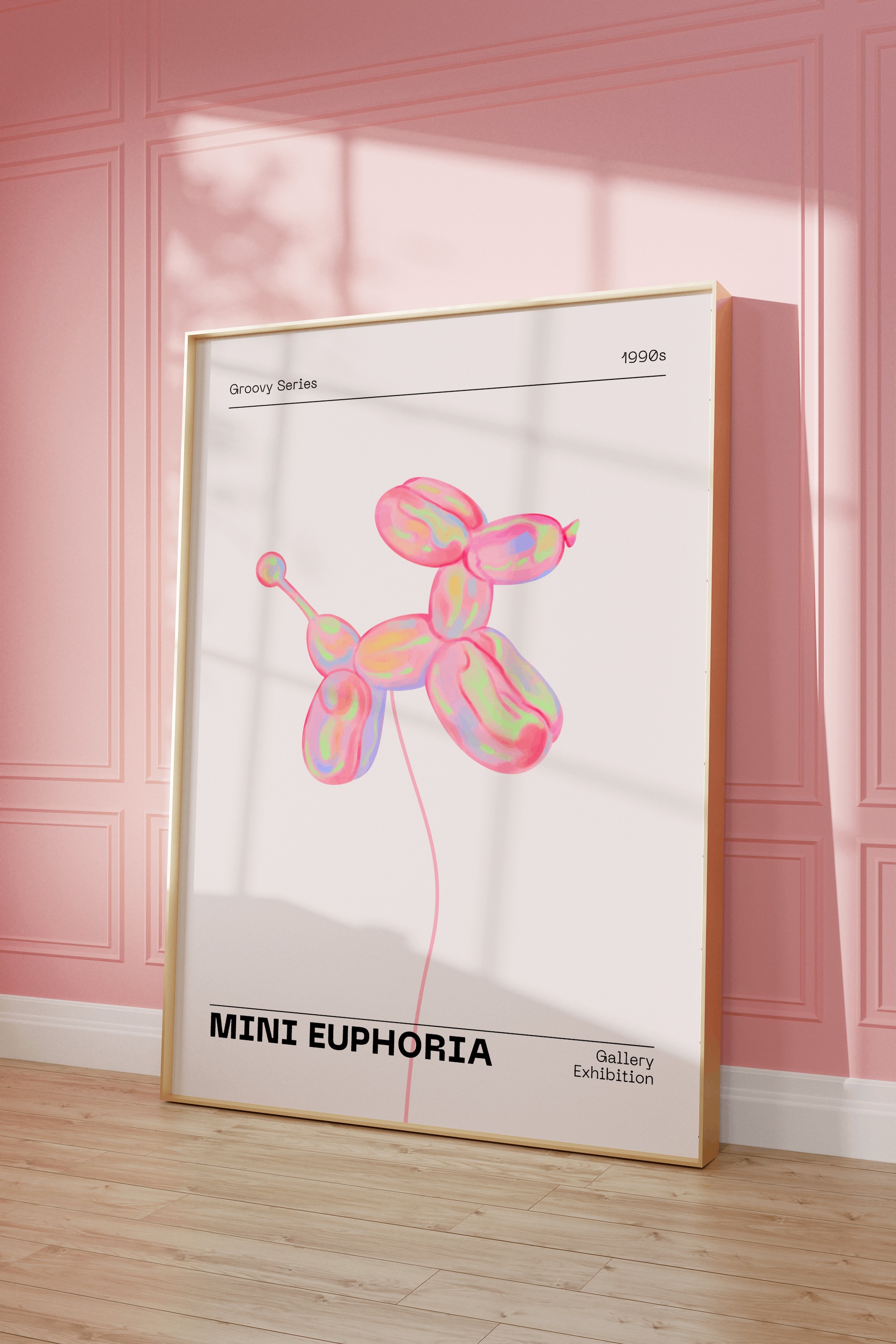 Mini Dog Balloon Print, 70s Retro Euphoria Wall Art, Danish Pastel Pink Holographic Poster, Fun Playful Illustration, Trendy Aesthetic Decor