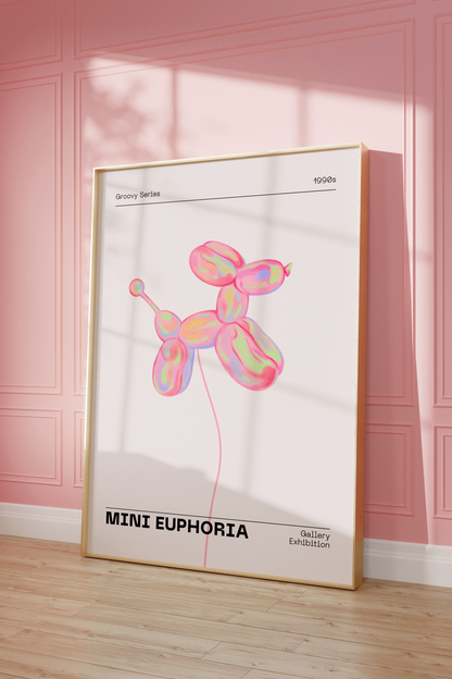 Mini Dog Balloon Print, 70s Retro Euphoria Wall Art, Danish Pastel Pink Holographic Poster, Fun Playful Illustration, Trendy Aesthetic Decor