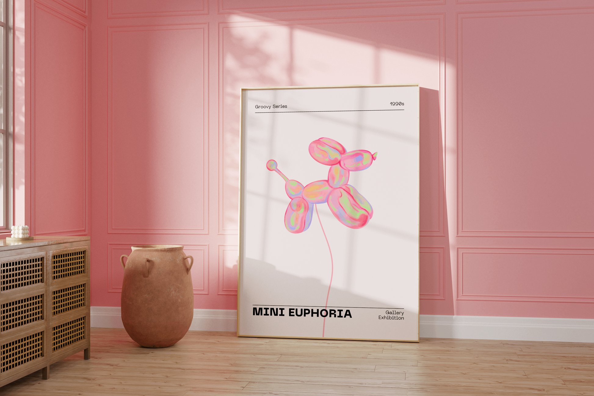 Mini Dog Balloon Print, 70s Retro Euphoria Wall Art, Danish Pastel Pink Holographic Poster, Fun Playful Illustration, Trendy Aesthetic Decor