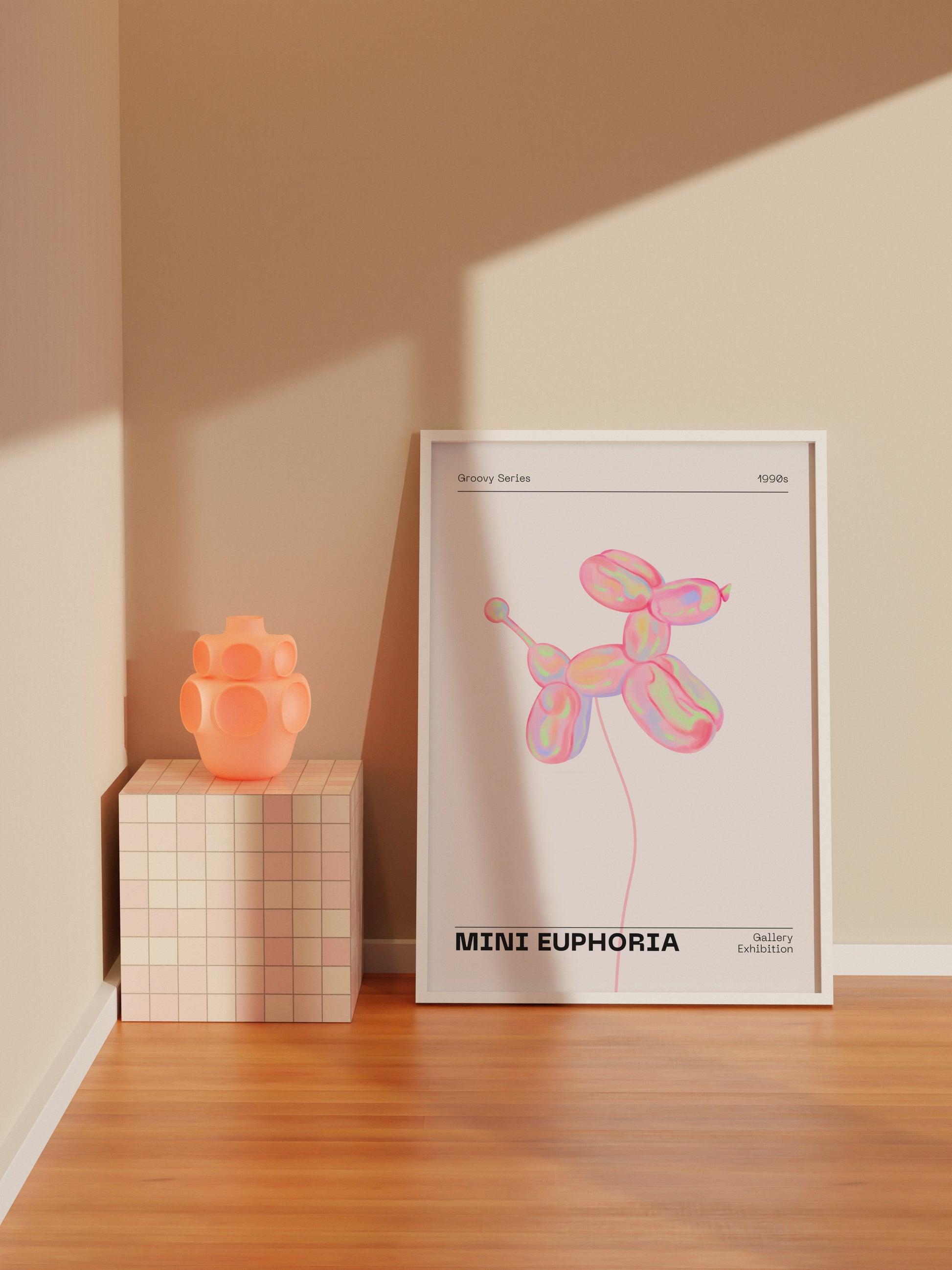 Mini Dog Balloon Print, 70s Retro Euphoria Wall Art, Danish Pastel Pink Holographic Poster, Fun Playful Illustration, Trendy Aesthetic Decor
