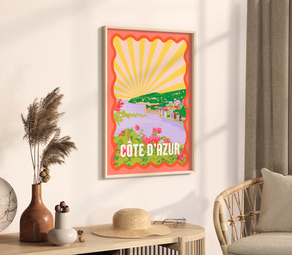 French Riviera Wall Art, Côte d'Azur Print, Quirky Retro Travel Postcard, Colorful Funky Poster, Eclectic Home Decor, Modern Abstract Art