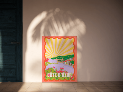 French Riviera Wall Art, Côte d'Azur Print, Quirky Retro Travel Postcard, Colorful Funky Poster, Eclectic Home Decor, Modern Abstract Art
