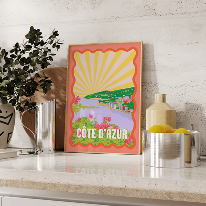 French Riviera Wall Art, Côte d'Azur Print, Quirky Retro Travel Postcard, Colorful Funky Poster, Eclectic Home Decor, Modern Abstract Art