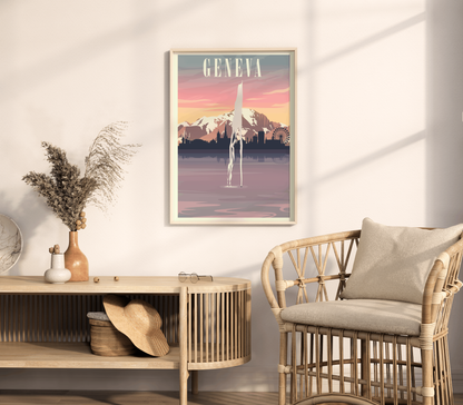 Jet d'Eau Fountain Travel Poster, Geneva Switzerland Wall Art, Etsy Suisse, Swiss Gift, Geneve, Lac Leman
