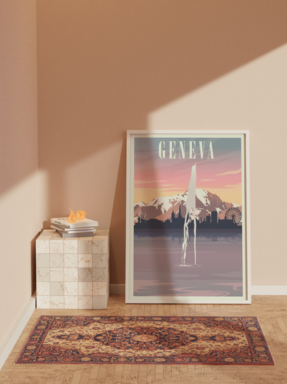Jet d'Eau Fountain Travel Poster, Geneva Switzerland Wall Art, Etsy Suisse, Swiss Gift, Geneve, Lac Leman
