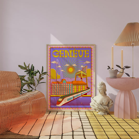 Geneva Switzerland Wall Art, Swiss Travel Poster, Vibrant Retro Funky Aesthetic Style Print, Human Rights Story, Modern Unique Swiss Gift