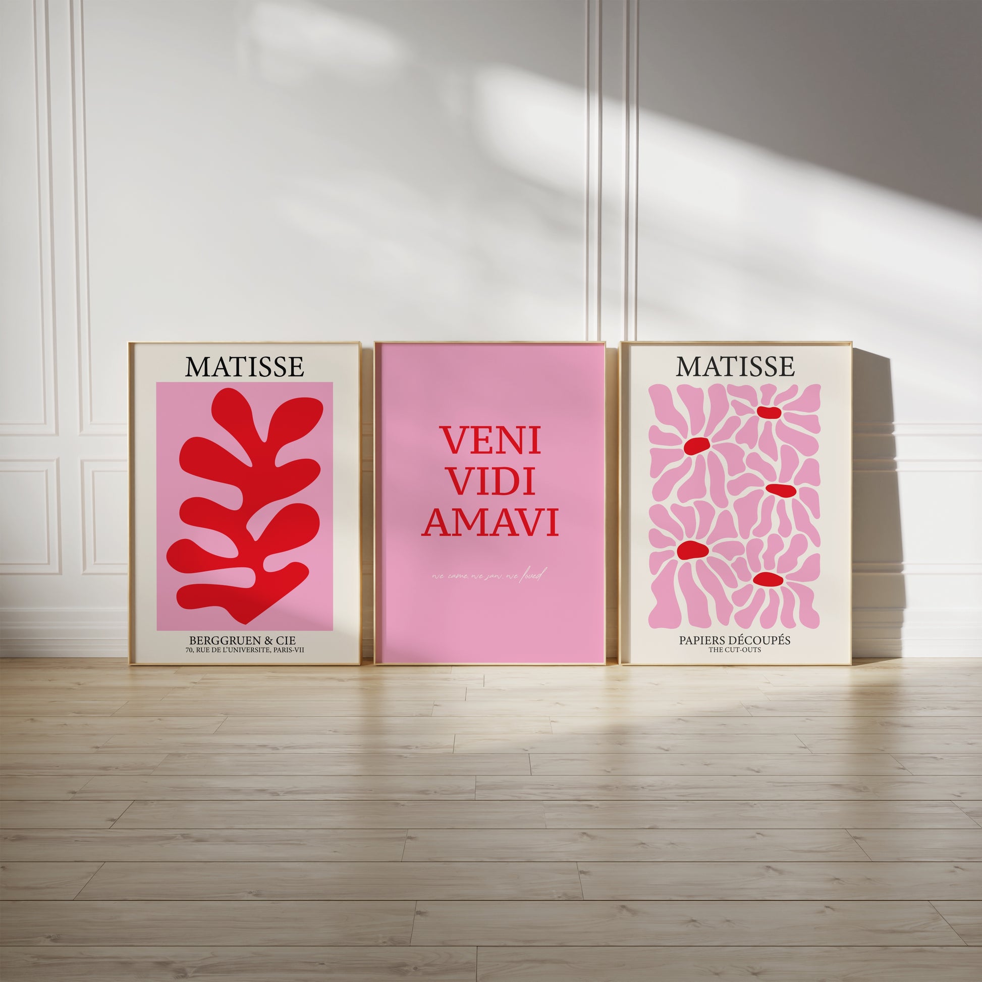 Gallery Wall Art Set of 3, Henri Matisse Flower Market & Veni Vidi Amavi Posters, Aesthetic Pink Red Decor, Printable Art Bundle, Trendy Set